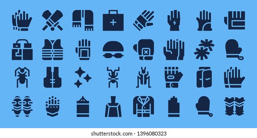 gloves icon set. 32 filled gloves icons. on blue background style Collection Of - Football gloves, Cricket, Shin guards, Lifejacket, Gauntlet, Scarf, Glove, Clean, Punching ball