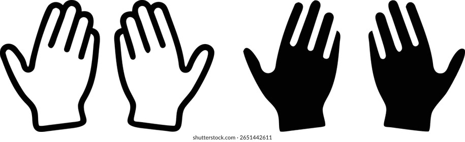 Conjunto de iconos de guantes, Vector blanco y negro, ilustración de contorno de silueta de mano protectora