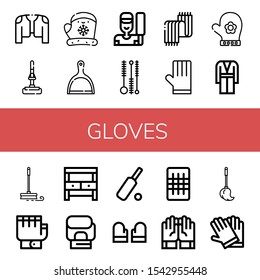 gloves icon set. Collection of Coat, Mop, Gloves, Dustpan, Cricket, Cleaning brush, Scarf, Hand glove, Potting bench, Boxing gloves, Gauze icons