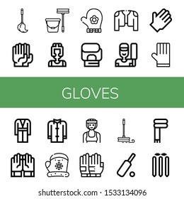 gloves icon set. Collection of Mop, Gloves, Boxer, Hand glove, Boxing gloves, Coat, Cricket, Rubber Scarf, Cricket stump icons