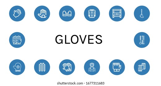 conjunto de iconos de guantes. Colección de guantes de caucho, guantes, barro, banco de pozo, guante de mano, trozo de cricket, boxer, bufanda, iconos de pincel de limpieza