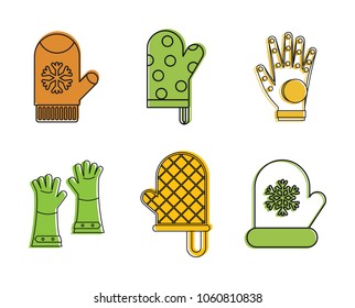 Gloves icon set. Color outline set of gloves vector icons for web design isolated on white background