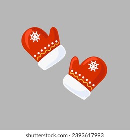 Gloves isolated on gray background. Red mittens with fur and snowflakes. Cartoon style. Holiday, Christmas and winter theme. Vector illustration.