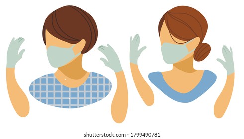 Gloves, medical mask against coronavirus. Male and female avatars. Vector illustration