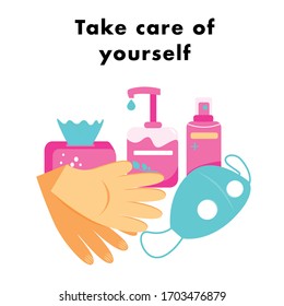 Gloves, napkins, sanitizer, spray, medical mask for personal protection