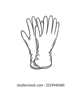 Ilustración vectorial de icono de contorno de guantes. Pareja de látex dibujada a mano o de goma guantes de limpieza para manos del trabajador de servicios de limpieza, herramientas médicas de protección estéril para la seguridad de la salud