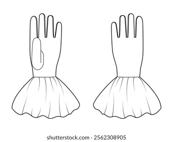 Gloves With Ruffled Cuff Wrist Above length Fashion hand accessory clothing technical illustration garment. Vector for Men, women, unisex style flat template mockup sketch outline on white background