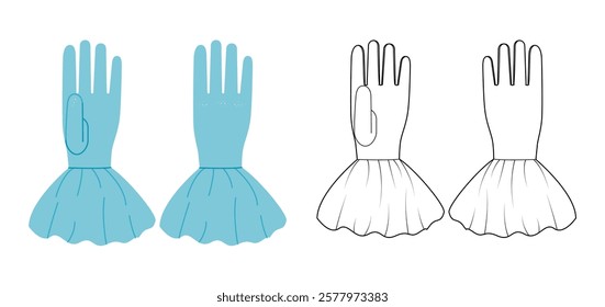 Gloves With Ruffled Cuff Wrist Above length aqua cartoon and mockup sketch Fashion hand accessory clothing technical illustration garment. Vector for Men, women style flat outline on white background