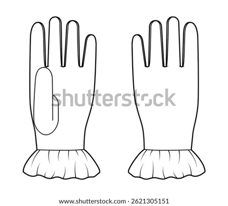 Gloves With Ruffled Cuff Wrist length Fashion hand accessory clothing technical illustration garment. Vector front palm back view for Men, women style flat template CAD mockup sketch outline