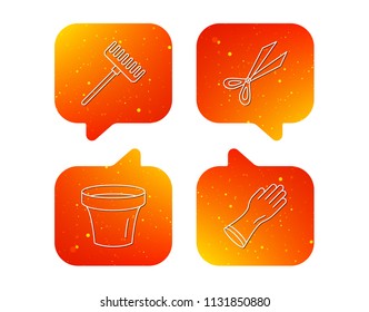 Gloves, scissors and pot icons. Rake linear sign. Orange Speech bubbles with icons set. Soft color gradient chat symbols. Vector