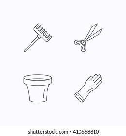 Gloves, scissors and pot icons. Rake linear sign. Flat linear icons on white background. Vector