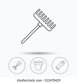 Gloves, scissors and pot icons. Rake linear sign. Linear icons in circle buttons. Flat web symbols. Vector