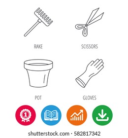 Gloves, scissors and pot icons. Rake linear sign. Award medal, growth chart and opened book web icons. Download arrow. Vector