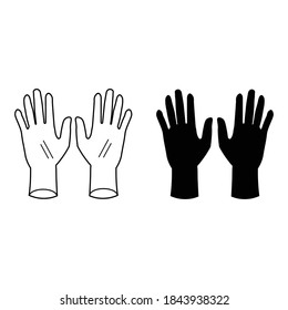 Juego de guantes. Dos siluetas negras y guantes de contorno. PPE para Covid-19. Icono del vector EPS