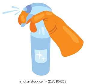 Gloves with spraying detergent. Hand drawn vector illustration. Suitable for website, stickers, postcards.