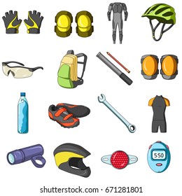 Gloves, suit, helmet, sneakers and other equipment. Cyclist outfit set collection icons in cartoon style vector symbol stock illustration web.