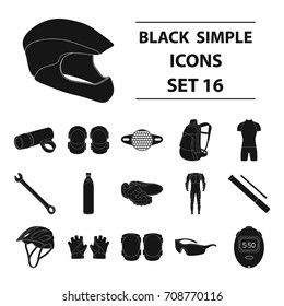 Gloves, suit, helmet, sneakers and other equipment. Cyclist outfit set collection icons in black style vector symbol stock illustration web.