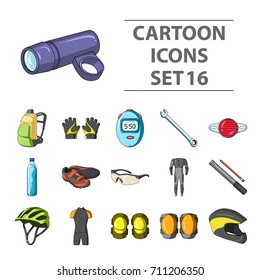 Gloves, suit, helmet, sneakers and other equipment. Cyclist outfit set collection icons in cartoon style vector symbol stock illustration web.