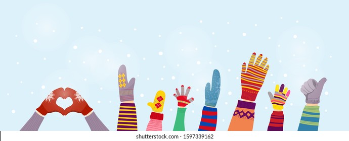  Gloves and winter snow background with snowflakes.Vector illustration with raised up hands with colorful winter gloves.