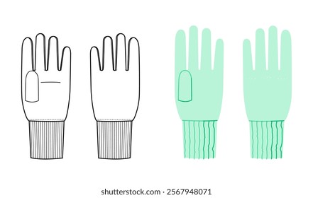 Gloves Wrist Above length knit rib cuff, mint cartoon and sketch outline Fashion hand accessory clothing technical illustration garment. Vector for Men women, unisex style flat template CAD mockup