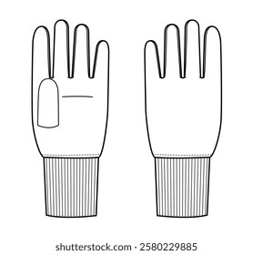 Gloves Wrist Above length knit rib cuff, Fashion hand accessory clothing technical illustration garment. Vector front palm back view for Men women, unisex style flat template CAD mockup sketch outline