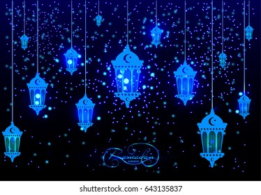 Glow arabic lamp greeting card. Ramadan Kareem. Eid Mubarak - Blessed festival. Month of fasting. Arabic celebration. Islamic backdrop. Eid al-Fitr traditional holiday. Muslim Community Festival.
