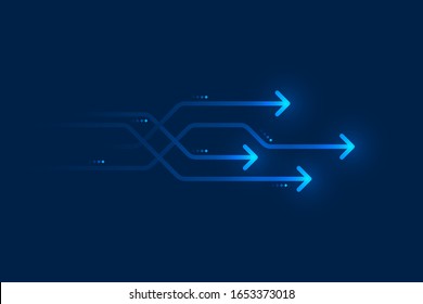 Glow arrows circuit on dark blue background, digital business growth concept.