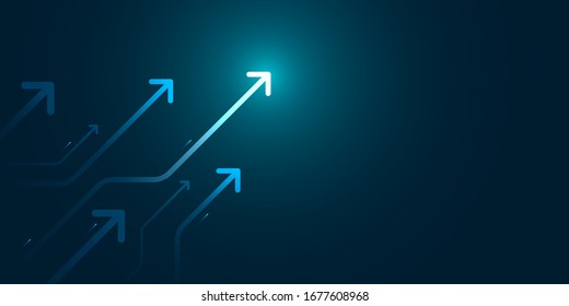 Glow Up Arrows Circuit On Dark Blue Background Copy Space Digital Business Growth Concept