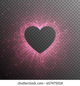 Glow background with light rays. A shiny frame in the shape of hearts on a transparent backdrop. Vector design for St. Valentine's Day.