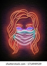 Glow Beautiful Girl with Face Mask Protective. Pandemic Concept of Using Respirator for Prevention of Contamination. Template for Neon Poster, Flyer, Banner. Vector 3d Illustration. Brick Wall