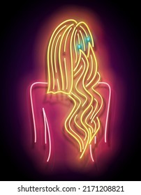 Glow Beautiful Woman Silhouette with Hair Extension Process. Hairdresser Salon Template, Professional Hairstyling. Shiny Neon Light Poster, Flyer, Banner. Glossy Background. Vector 3d Illustration