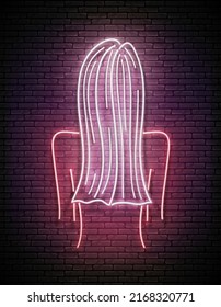 Glow Beautiful Woman Silhouette with Smooth Platinum Blond Hair. Hairdresser Salon Template, Professional Straightening. Shiny Neon Light Poster, Flyer, Banner. Brick Wall. Vector 3d Illustration