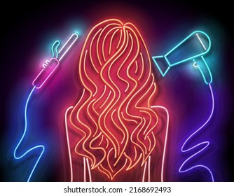 Glow Beautiful Woman Silhouette with Wavy Red Hair. Hairdresser Salon Template, Professional Hairstyling. Shiny Neon Light Poster, Flyer, Banner. Glossy Background. Vector 3d Illustration