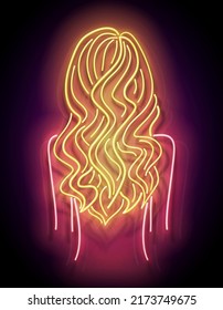 Glow Beautiful Woman Silhouette with Wavy Blond Hair. Hairdresser Salon Template, Professional Hairstyling. Shiny Neon Light Poster, Flyer, Banner. Glossy Background. Vector 3d Illustration