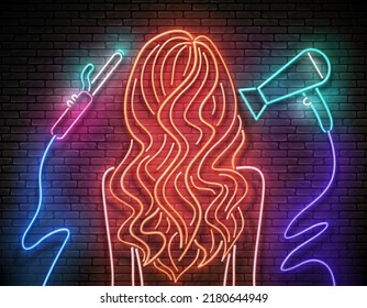 Glow Beautiful Woman Silhouette with Wavy Red Hair. Hairdresser Salon Template, Professional Hairstyling. Shiny Neon Light Poster, Flyer, Banner. Brick Wall. Vector 3d Illustration