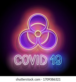 Glow Biohazard Sign, World Coronavirus Contamination. Warning about Dangerous Zone. Template for Pandemic or Epidemic Informing. Neon Poster, Flyer, Banner. Vector 3d Illustration. Glossy Background