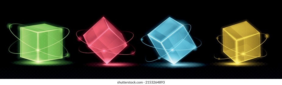 Conjunto 3d del bloque de brillo. Colección de cubos brillantes, elementos gráficos para juegos místicos, fantasía e imaginación, brujería y brillo. Ilustraciones vectoriales isométricas de dibujos animados aisladas en fondo oscuro