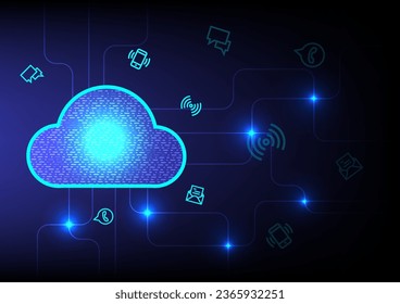 Glow blue data cloud on dark background with telecommunication elements. Communication, technology, digital data cloud concept. Vector Illustration.  