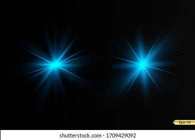 Glow blue light effect set, lens flare, explosion, glitter, line, sun flash, spark and stars. Abstract special effect element design.
