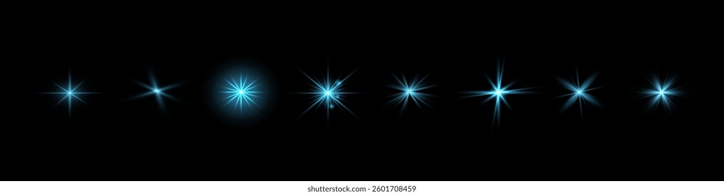 Glow blue transparent starlight effect set. Abstract special effect element design. Sparkle, flare, stars. Vector. Eps 10