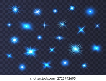 Conjunto de efecto de luz de estrella transparente azul brillante. Abstractas diseño de elemento de efecto especial. Brillo, destello, estrellas. Vector. Eps 10