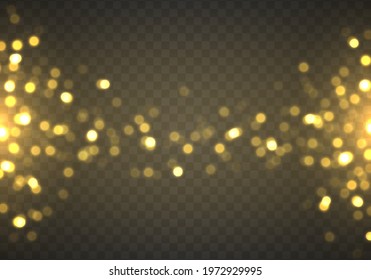Glow bokeh effect. Festive golden luminous background with colorful lights bokeh. The dust sparks and golden stars shine with special light. Christmas concept. Vector illustration.