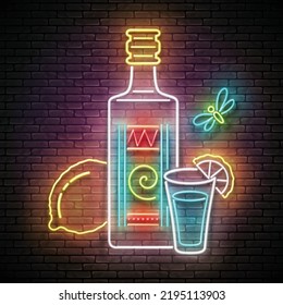 Glow bottle of Mexican tequila, shot, lemon. Traditional ethnic alcoholic drink. Neon Light Poster, Flyer, Banner, Signboard. Brick Wall. Vector 3d Illustration 