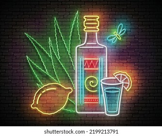Glow bottle of Mexican tequila, shot, lemon. Traditional ethnic alcoholic drink. Neon Light Poster, Flyer, Banner, Signboard. Brick Wall. Vector 3d Illustration 