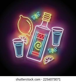 Glow bottle of Mexican tequila, shot, lemon. Traditional ethnic alcoholic drink. Neon Light Poster, Flyer, Banner, Signboard. Glossy Background. Vector 3d Illustration 