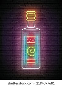 Glow bottle with Mexican tequila. Traditional ethnic alcoholic drink. Neon Light Poster, Flyer, Banner, Signboard. Brick Wall. Vector 3d Illustration 