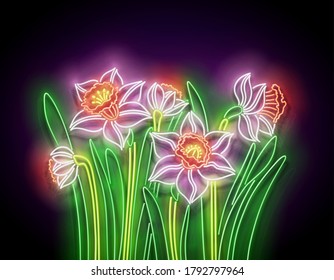 Glow Bouquet of Daffodils. Greeting Card Template with  Spring Flowers. Shiny Neon Light Poster, Flyer, Banner, Postcard. Glossy Background. Vector 3d Illustration