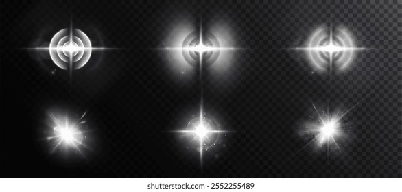 Glow of bright light effects of light on a transparent background. Blurred vector collection of stars. Sun, flash and bright glow.