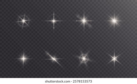  Glow of bright light effects of light on a transparent background. Blurred vector collection of stars. Sun, flash and bright glow.