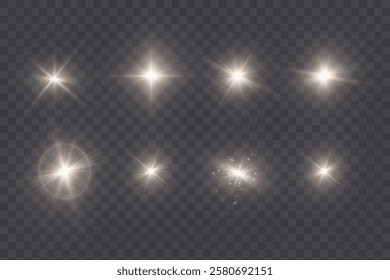 Glow of bright light effects of light on a transparent background. Blurred vector collection of stars. Sun, flash and bright glow.